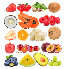 pear; Barbados cherry; coconut; macadamia; papaya; kiwi; raspberry; banana; orange; pear; apple; grape; passion fruits; Blueberries; watermelon; Avocado, star gooseberry on transparent png