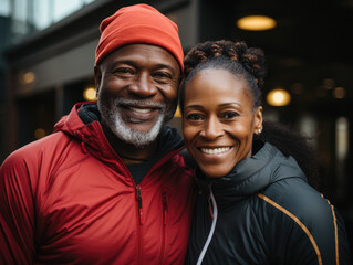 Mature couple smiling outside on a city street in winter