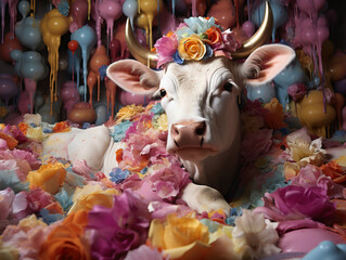 Bull sitting covered in a pile colorful flowers
