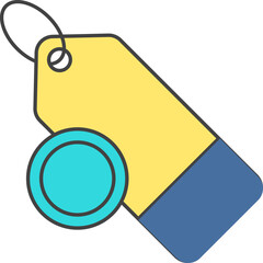 Tag With Coin Icon In Cyan, Blue And Yellow Color.