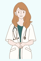Fototapeta premium Female doctor in white uniform with stethoscope standing with kind smiling. Hand drawn flat cartoon character vector illustration.