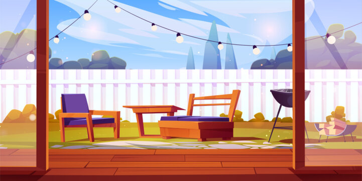 House backyard garden with fence cartoon vector. Summer outdoor patio with bbq, table and wooden floor in modern condominium environment. Barbeque on sunny day back yard design scene illustration