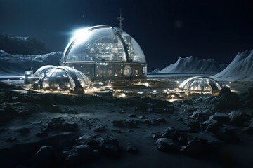 Night photo of a transshipment base on the moon. Modern technologies for organizing human colonies on other planets.