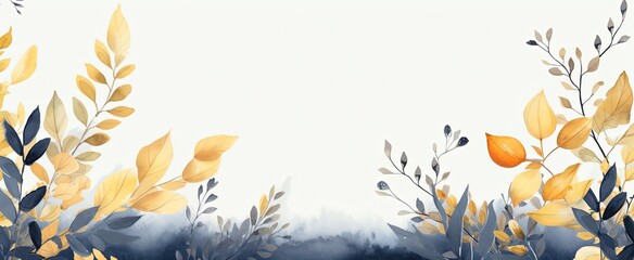 abstract Autumn foliage banner background, branch, twigs and berries, grey gold, Generative Ai