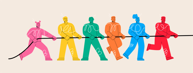 Man and woman pulling rope together teamwork power. Partnership support concept. Colorful vector illustration - obrazy, fototapety, plakaty