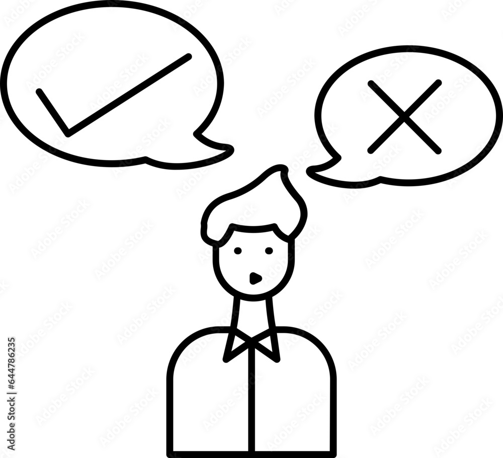 Poster man thinking right or wrong icon in flat style.