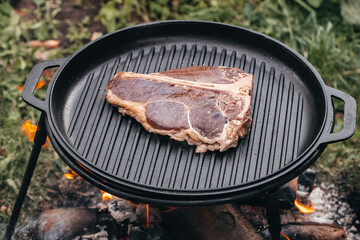 Beef steaks on the grill. banner, menu, recipe place for text, top view