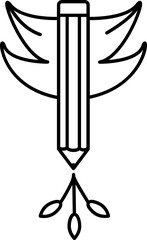 Pencil With Wings Icon In Black Outline.