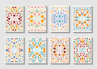 Vector set of luxury floral patterns, invitation cards, banners with doodles floral with roses, leaves, floral bouquets, flower compositions. Notebook covers design. Package for perfume, jewelry