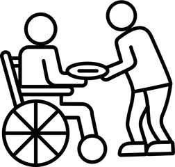 Fototapeta premium Line art illustration of Human giving food plate of disabled wheelchsvgr man.