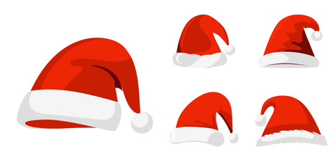 Set christmas santa hat in flat style isolated . Vector illustration - obrazy, fototapety, plakaty