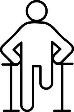 recommend clip art: One legged disabled man holding crutches stick icon in line art.