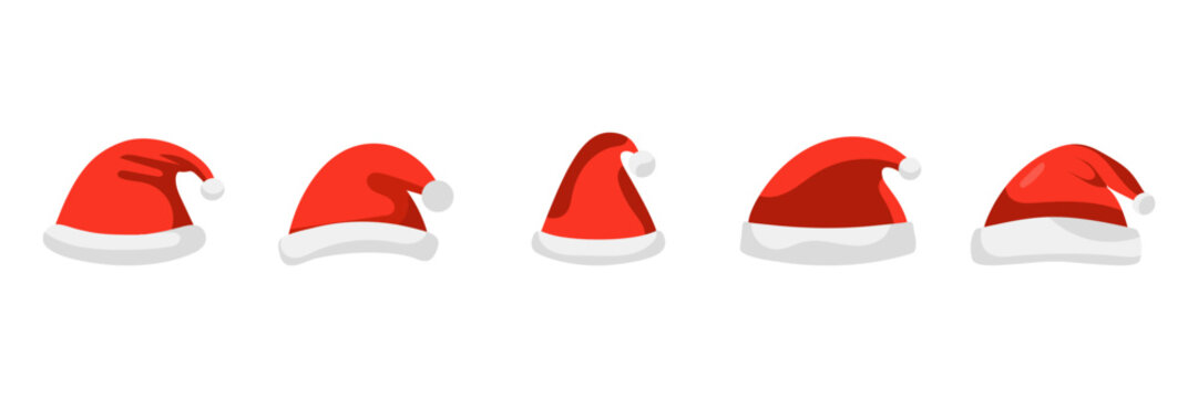 Set Christmas Santa Hat In Flat Style Isolated . Vector Illustration