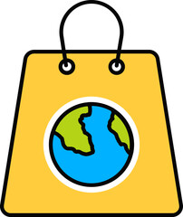 Earth symbol on carry bag icon in yellow color.