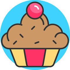 Cupcake icon or symbol on blue circle shape.