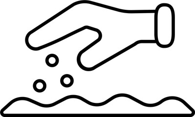 Line art Hand sprinkle seeds on field icon in flat style.