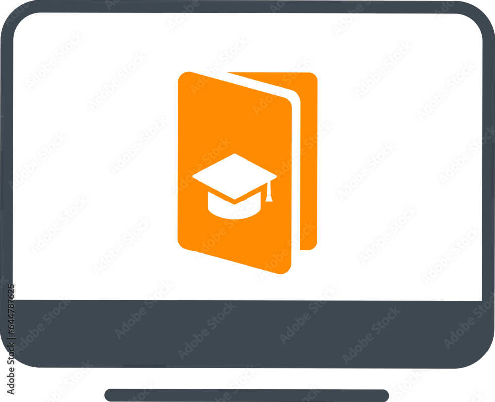 Poster flat style graduation book in computer screen icon for e-learning.