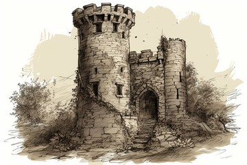 An illustration of a ruined medieval castle tower. Generative AI - obrazy, fototapety, plakaty