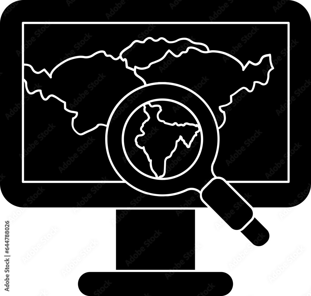 Poster b&w indian map searching in monitor screen icon.