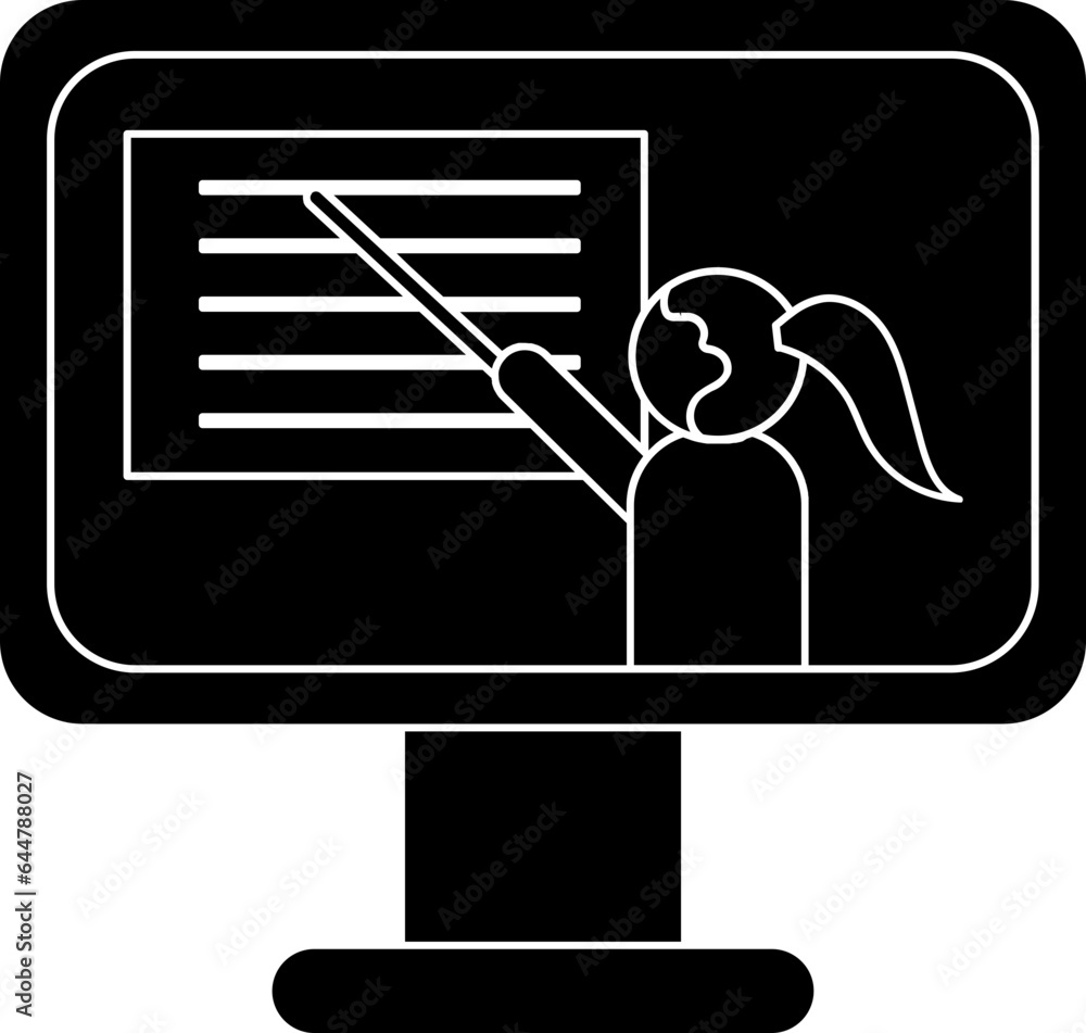 Wall mural Cartoon Woman Pointing with Stick in Monitor Screen for Online learning glyph icon.