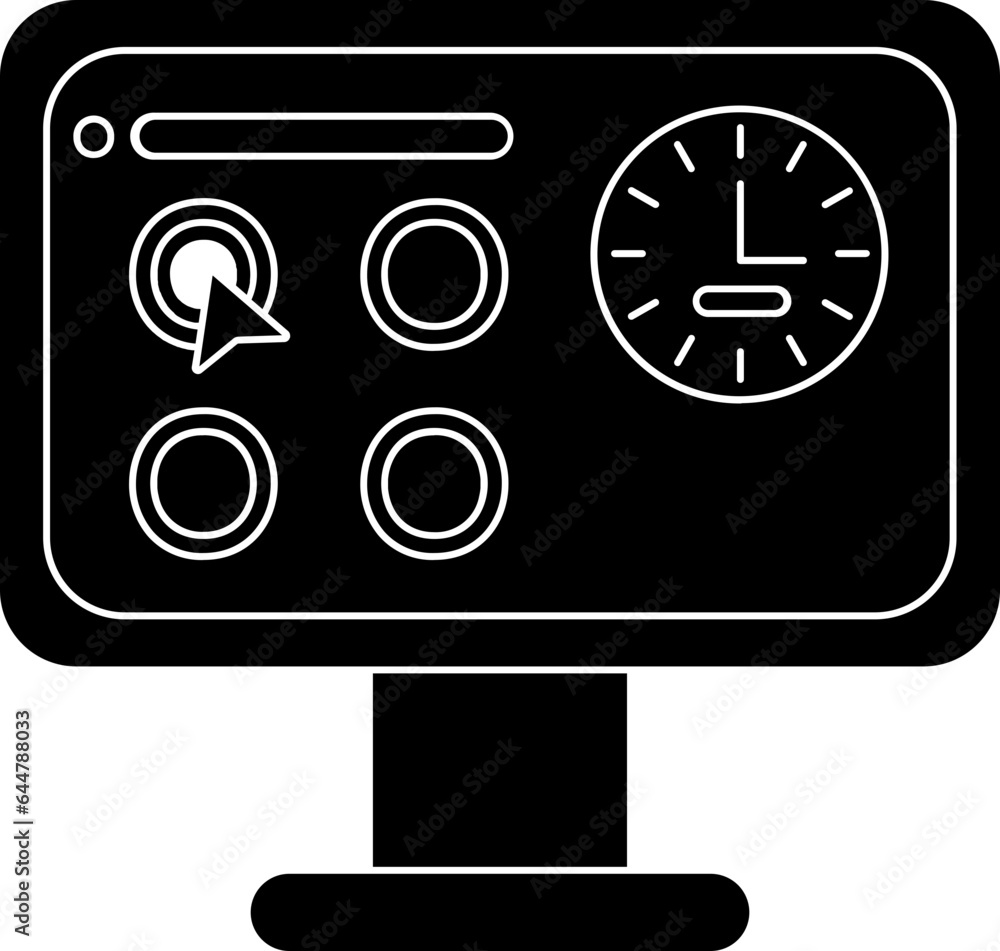 Poster b&w illustration of online exam optional timer in monitor screen icon.