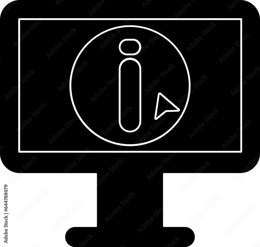 Poster b&w illustration of cursor arrow with info button in monitor screen icon.