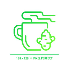 2D pixel perfect gradient ginger tea icon, isolated vector, thin line green illustration representing allergen free.