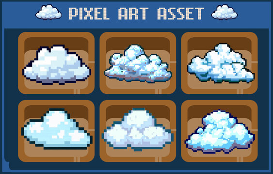 cloud set of pixel art design vector nature game assets 2d 8bit retro landscape cloudy