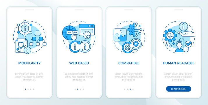 2D icons representing health interoperability resources mobile app screen set. Walkthrough 4 steps blue graphic instructions with thin line icons concept, UI, UX, GUI template.