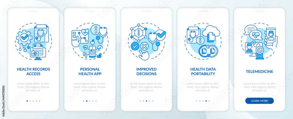 Poster 2d icons representing health interoperability resources mobile app screen set. walkthrough 5 steps b