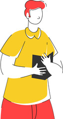 Young man cartoon character holding book icon.