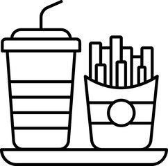 Soft drink glass with french fries box on plate icon in line art.