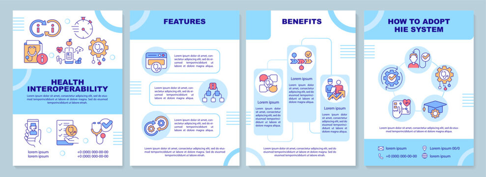 2D health interoperability resources blue brochure template, leaflet design with thin line icons, 4 vector layouts.
