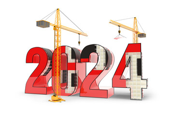 2024 and cranes - new year concept, isolated 3D illustration