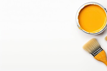 Watercolor paints and brush isolated on white background. Top view