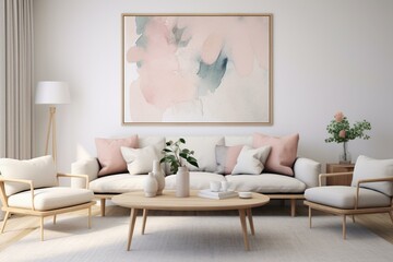 A living room setting featuring a Scandinavian-design poster. Generative AI
