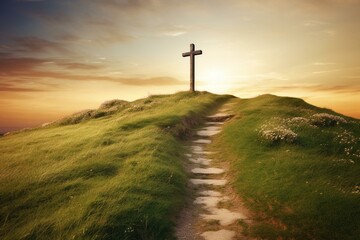 Hilltop cross, path to God, Easter joy. Christian faith symbol. Generative AI - obrazy, fototapety, plakaty