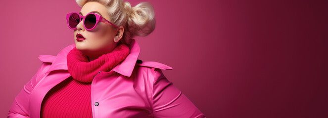 Fototapeta premium Confident plus-size woman in Barbie-style pink attire, radiating self-love