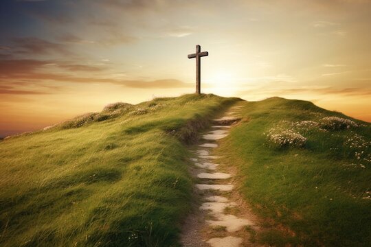 Hilltop cross, path to God, Easter joy. Christian faith symbol. Generative AI