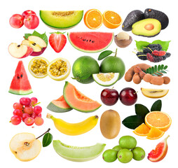 peach; melon; orange; apple; Avocado; Strawberry; watermelon; Macadamia; Mulberry; passion fruit; Tamarind; red cherry plum; banana; grape; pear; Wild olive; fig; kiwi, on transparent png