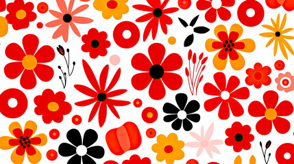 Colorful floral art collage with modern exotic and retro-style colors and shapes. For wall art, covers, interior decoration, and backgrounds.