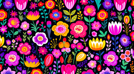 Colorful floral art collage with modern exotic and retro-style colors and shapes. For wall art, covers, interior decoration, and backgrounds.