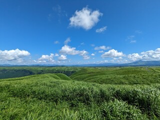 The Five Peaks of Aso, as seen from Daikanbo, are said to resemble a Buddha lying down