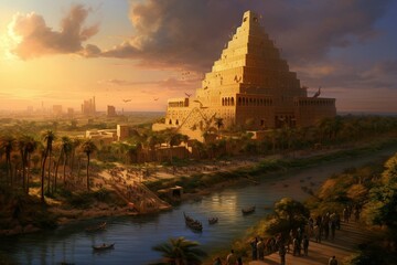 Illustration of ancient Babylon with the Tower of Babel in the Babylonian Empire, a town mentioned in the Quran and the Bible, featuring multilingual speech. Generative AI - obrazy, fototapety, plakaty