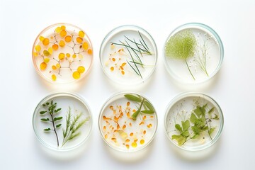Top-view petri dish on white background promoting natural medicine, cosmetic research, and organic skincare. Concept: skincare and dermatology. Generative AI