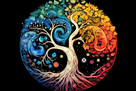 Illustration of a multicolored tree with yin yang symbol and spiral design. Generative AI