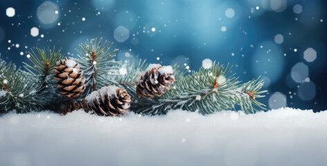 Fototapeta na wymiar Christmas background with fir tree branches and cones on snow with bokeh background. created by generative AI technology.