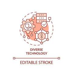 2D editable red icon diverse technology concept, isolated monochromatic vector, health interoperability resources thin line illustration.