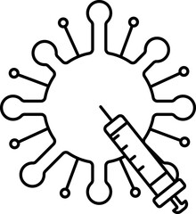 Syringe With Virus Icon In Black Line Art.