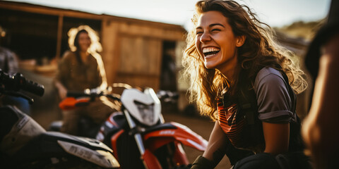 Laughing female motorcyclists hanging out after riding dirt bikes